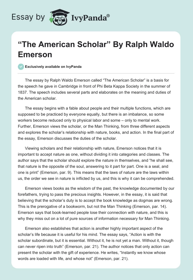 “The American Scholar” By Ralph Waldo Emerson. Page 1