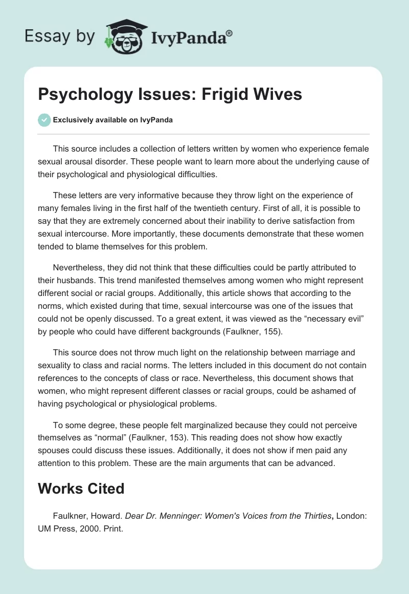 Psychology Issues: Frigid Wives. Page 1