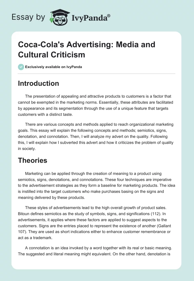 Coca-Cola's Advertising: Media and Cultural Criticism. Page 1