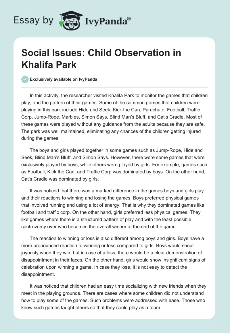 Social Issues: Child Observation in Khalifa Park. Page 1
