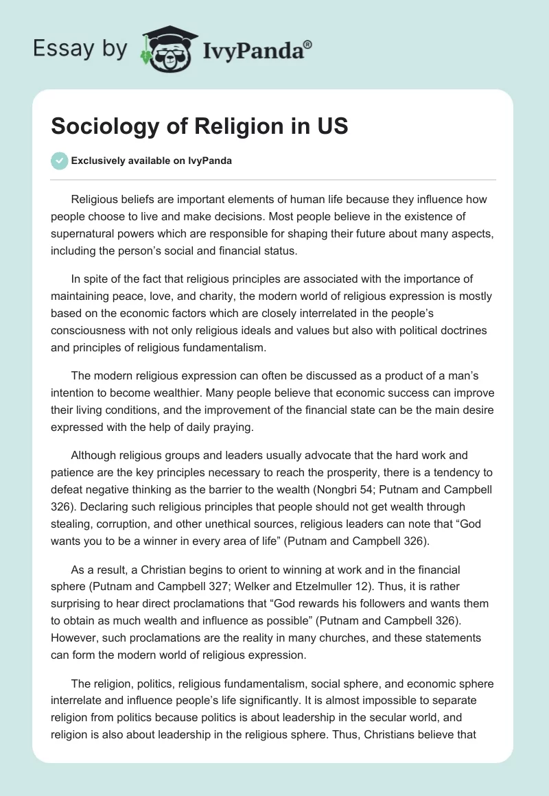 Sociology of Religion in US. Page 1