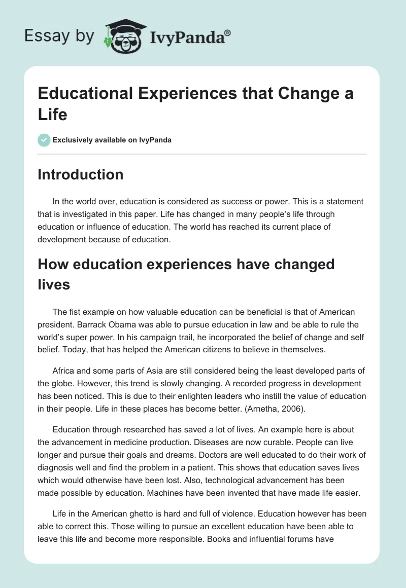 Educational Experiences that Change a Life. Page 1