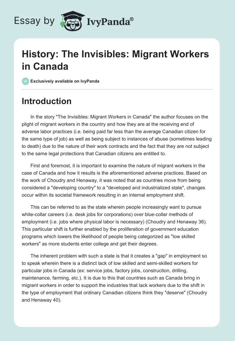 History: "The Invisibles: Migrant Workers in Canada". Page 1