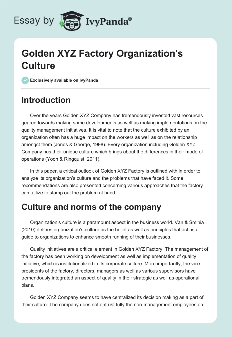 Golden XYZ Factory Organization's Culture. Page 1