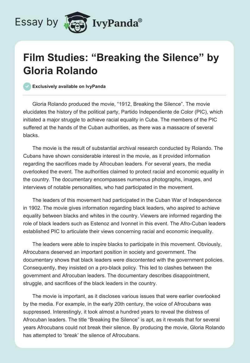 Film Studies: “Breaking the Silence” by Gloria Rolando. Page 1