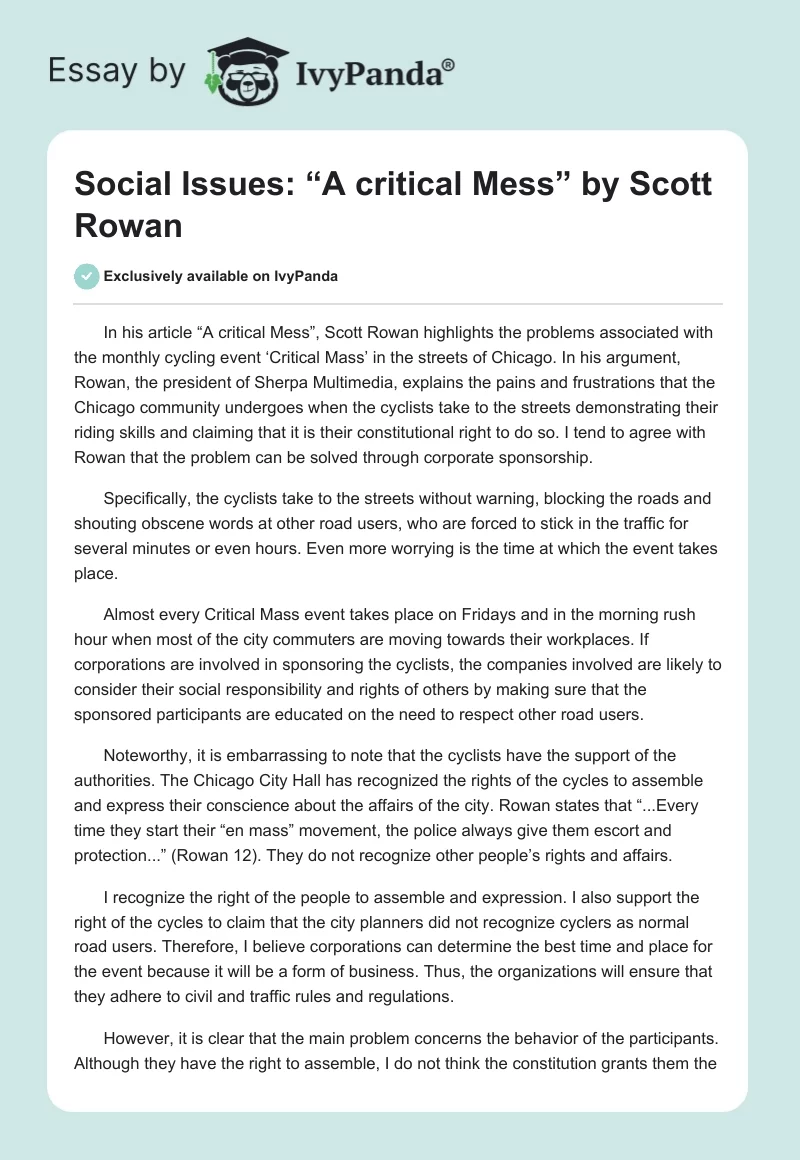 Social Issues: “A critical Mess” by Scott Rowan. Page 1