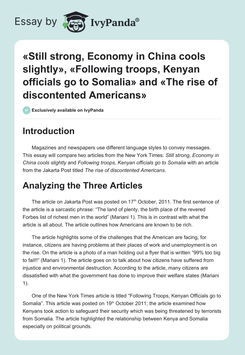 «Still strong, Economy in China cools slightly», «Following troops, Kenyan officials go to Somalia» and «The rise of discontented Americans». Page 1