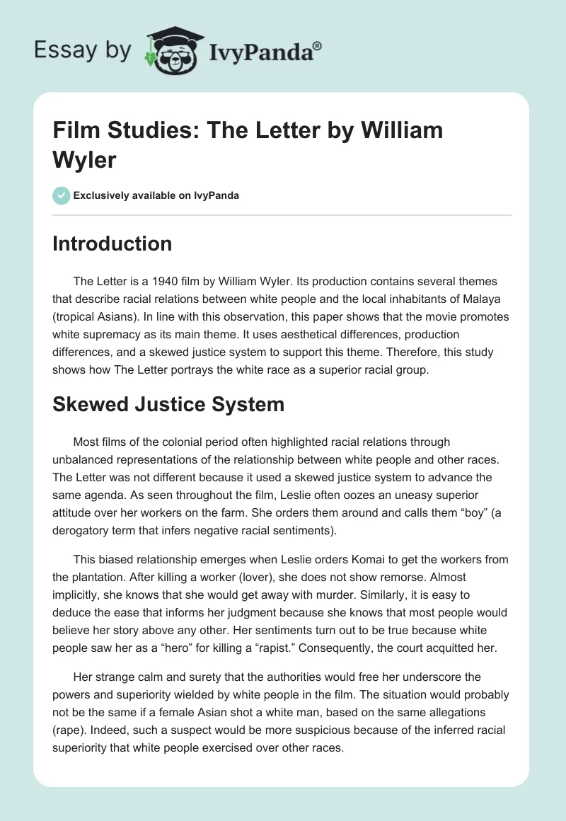Film Studies: "The Letter" by William Wyler. Page 1