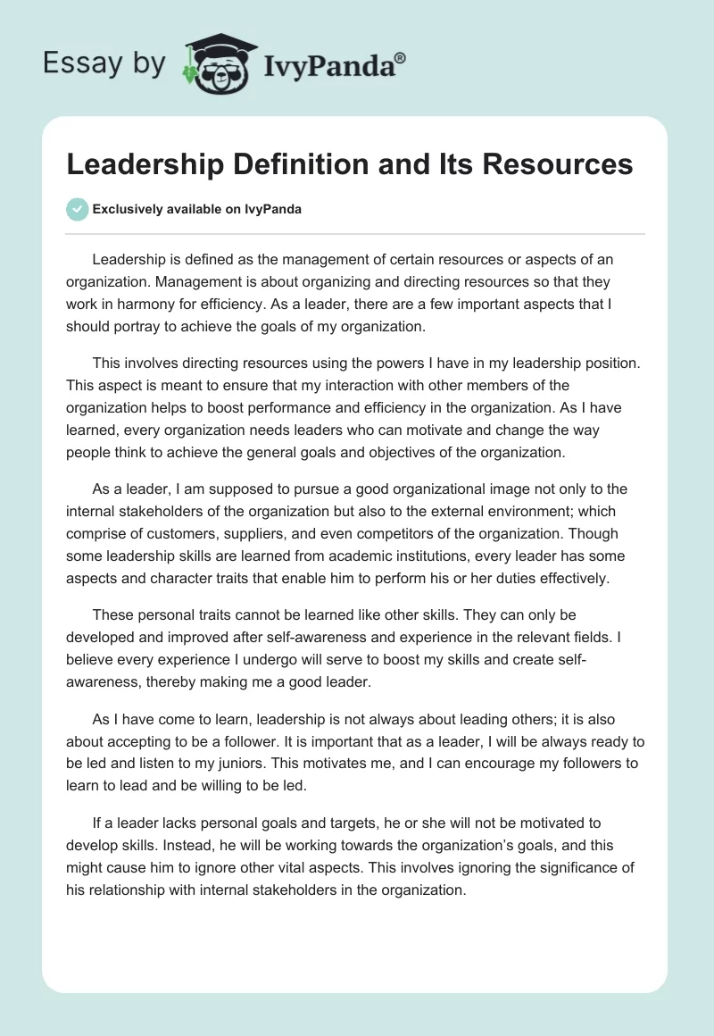 Leadership Definition and Its Resources. Page 1