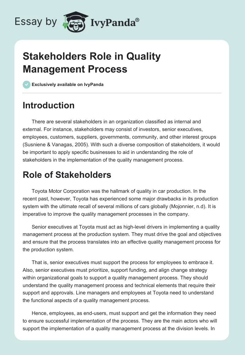 Stakeholders Role in Quality Management Process. Page 1