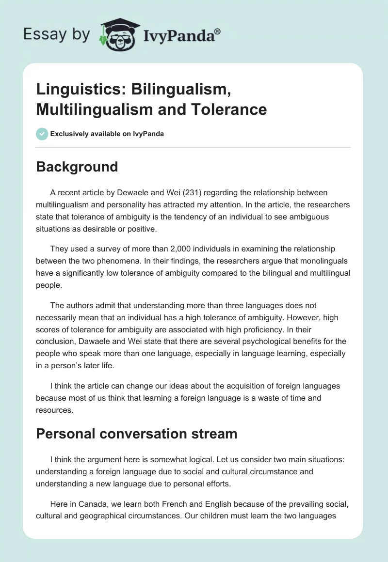 Linguistics: Bilingualism, Multilingualism and Tolerance. Page 1