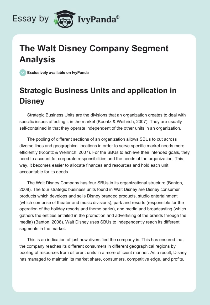 The Walt Disney Company Segment Analysis. Page 1