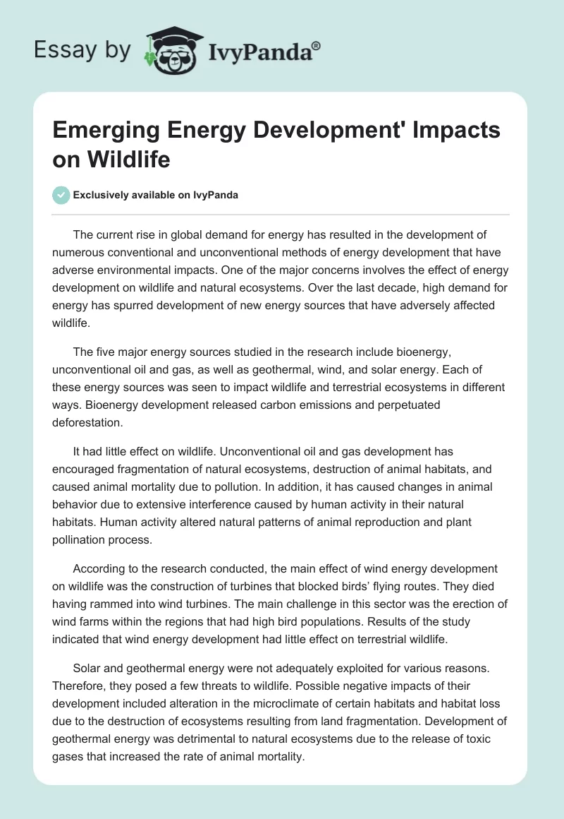 Emerging Energy Development' Impacts on Wildlife. Page 1