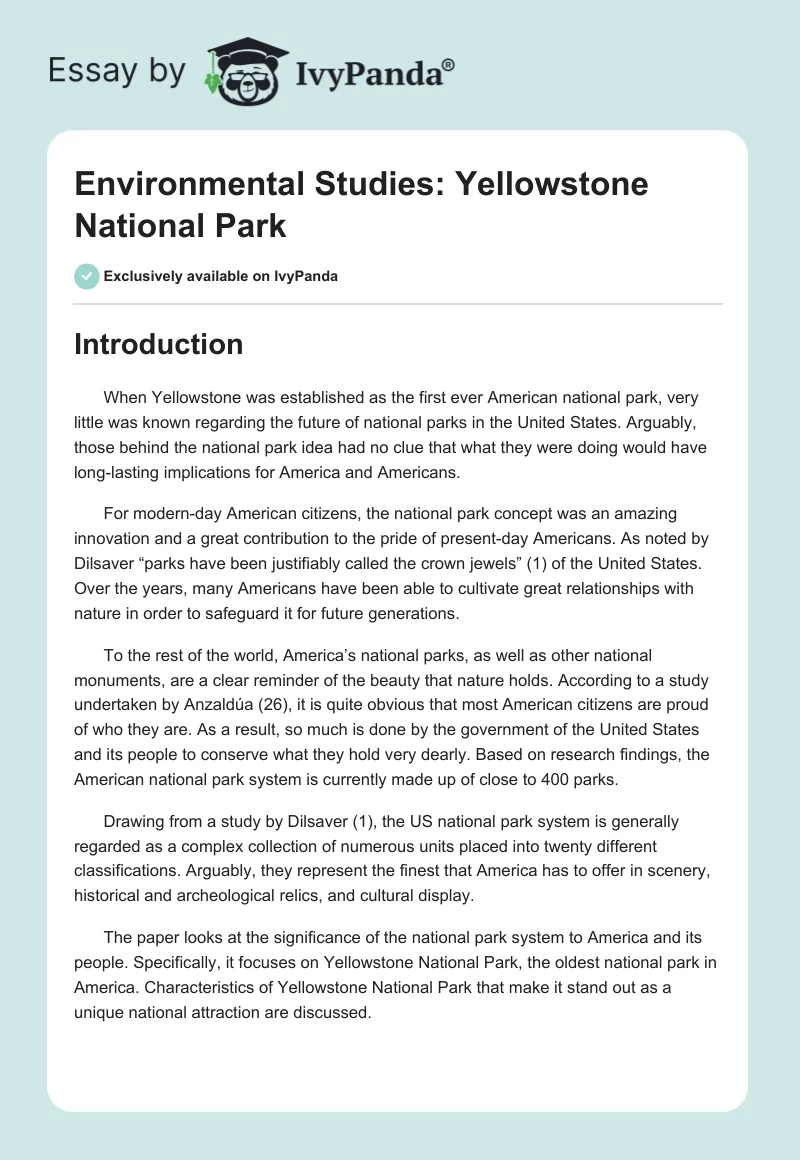 Environmental Studies: Yellowstone National Park. Page 1