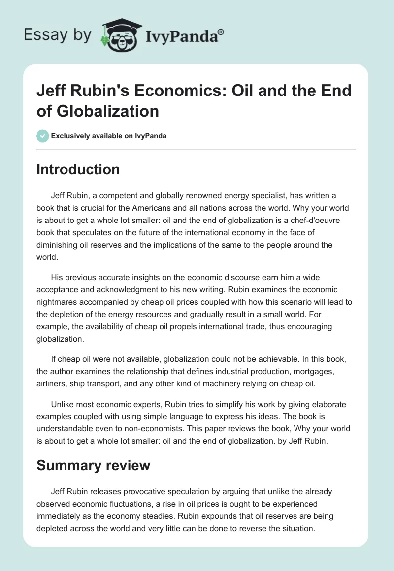 Jeff Rubin's Economics: Oil and the End of Globalization. Page 1