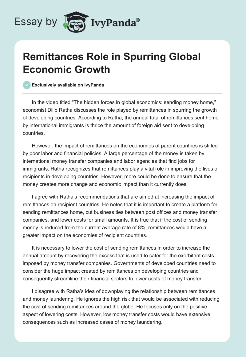 Remittances Role in Spurring Global Economic Growth. Page 1