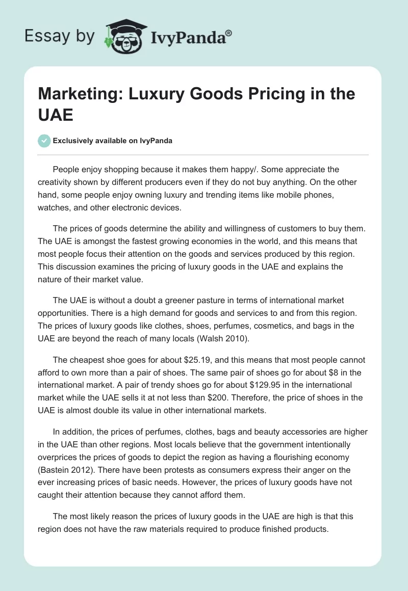 Marketing: Luxury Goods Pricing in the UAE. Page 1