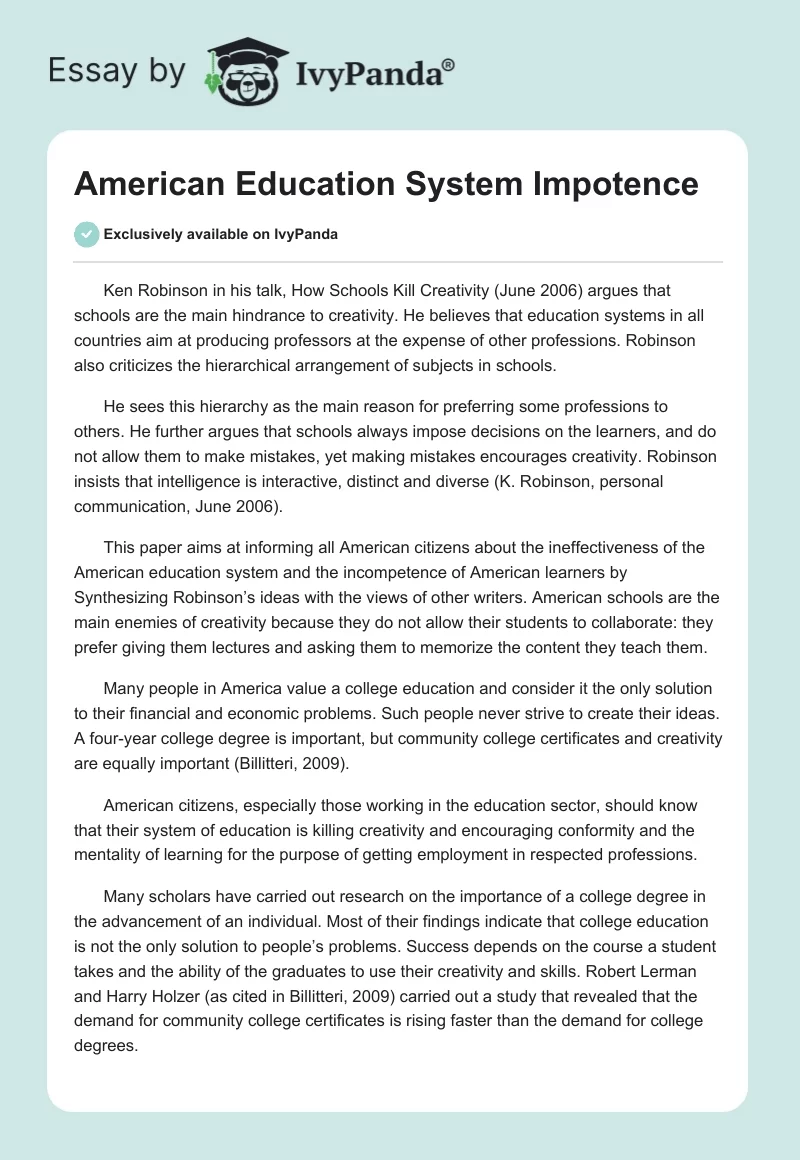 American Education System Impotence. Page 1