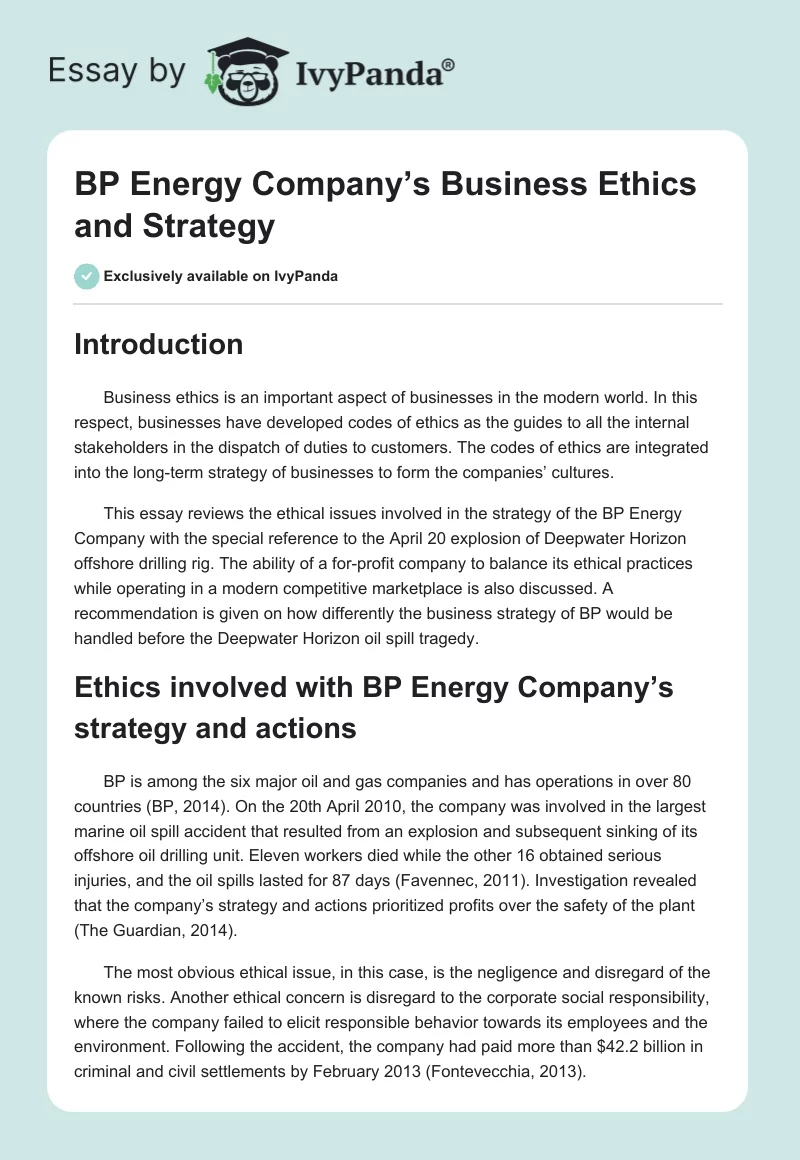 BP Energy Company’s Business Ethics and Strategy. Page 1