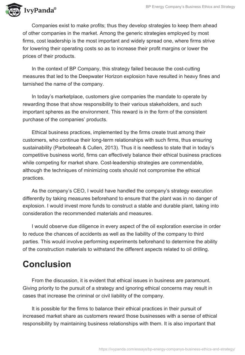 BP Energy Company’s Business Ethics and Strategy. Page 2