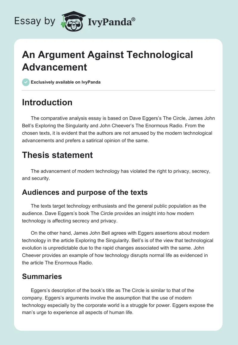 An Argument Against Technological Advancement. Page 1