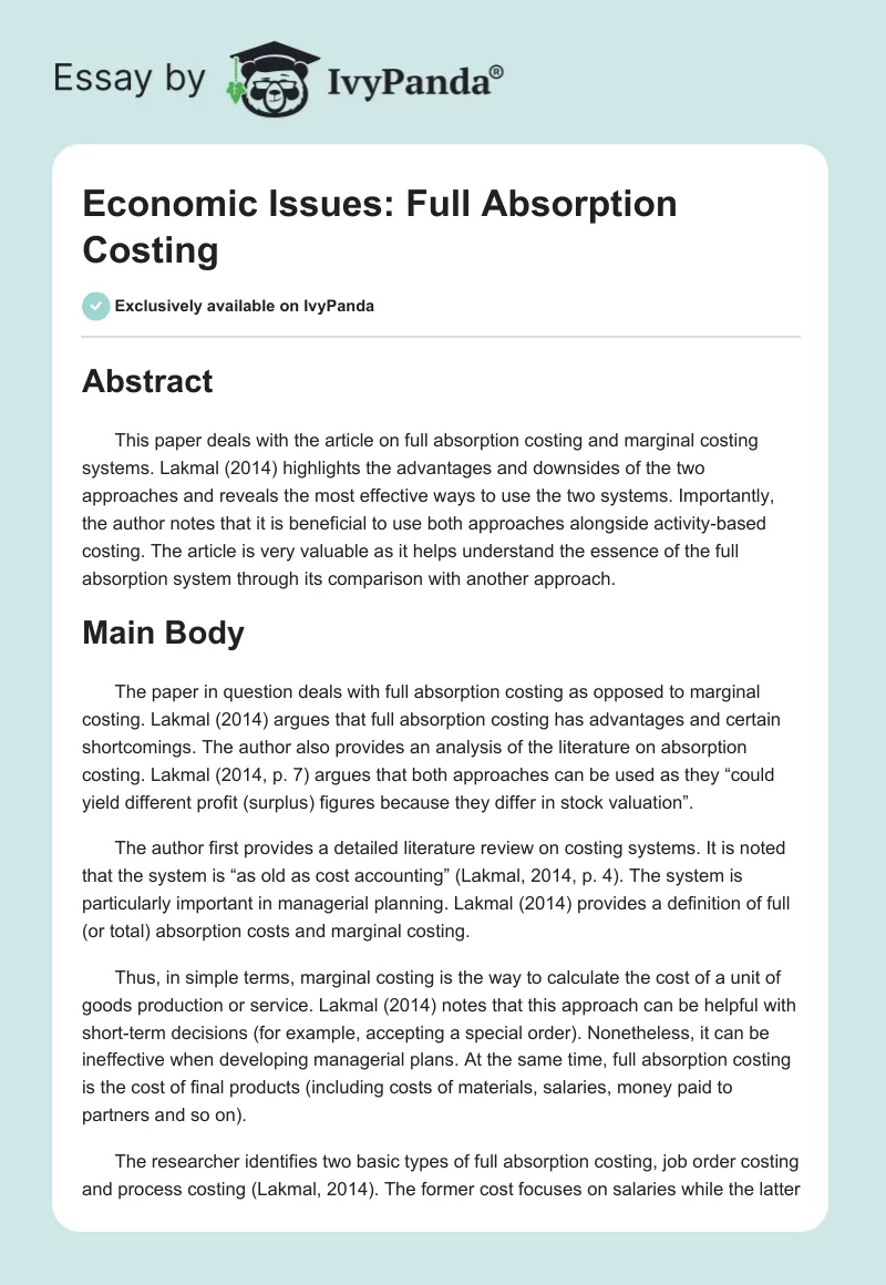 Economic Issues: Full Absorption Costing. Page 1