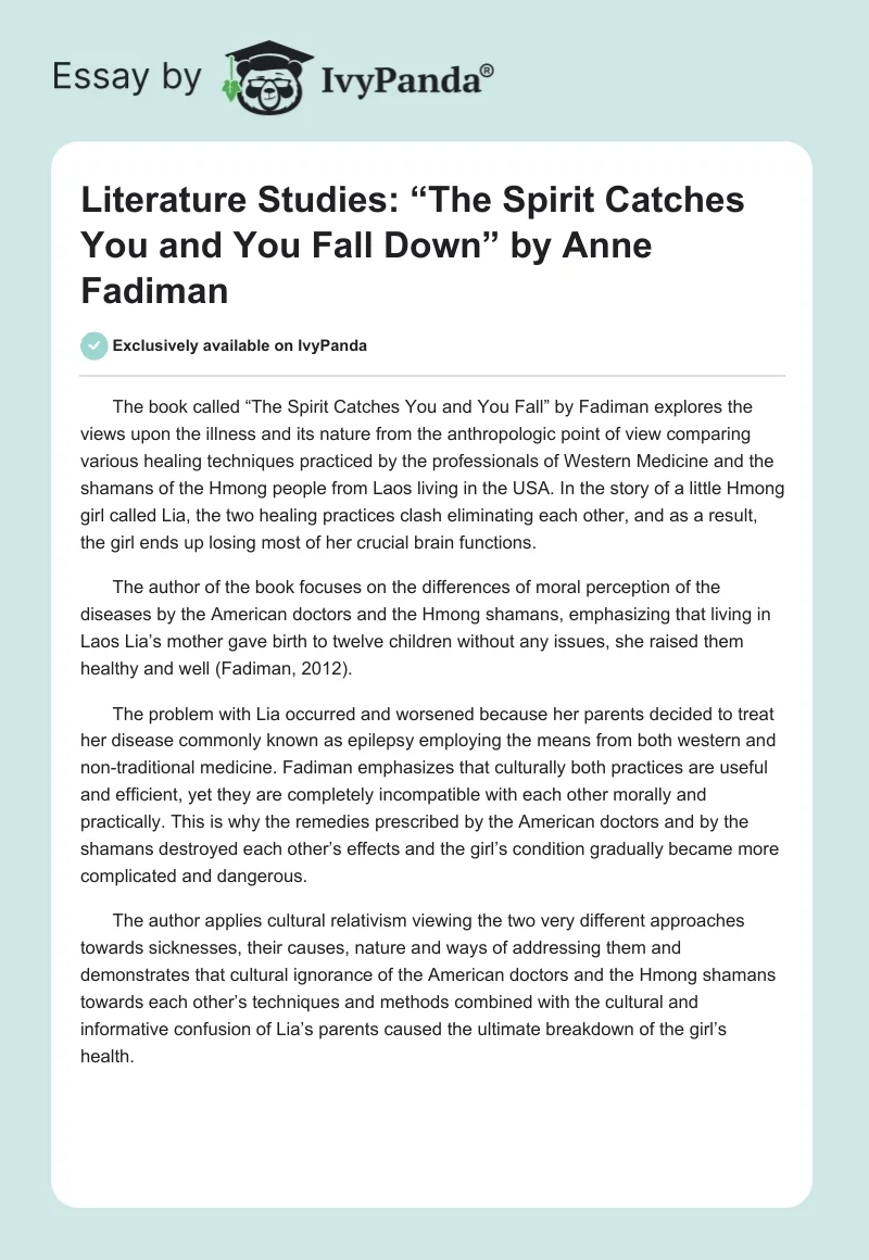Literature Studies: “The Spirit Catches You and You Fall Down” by Anne Fadiman. Page 1