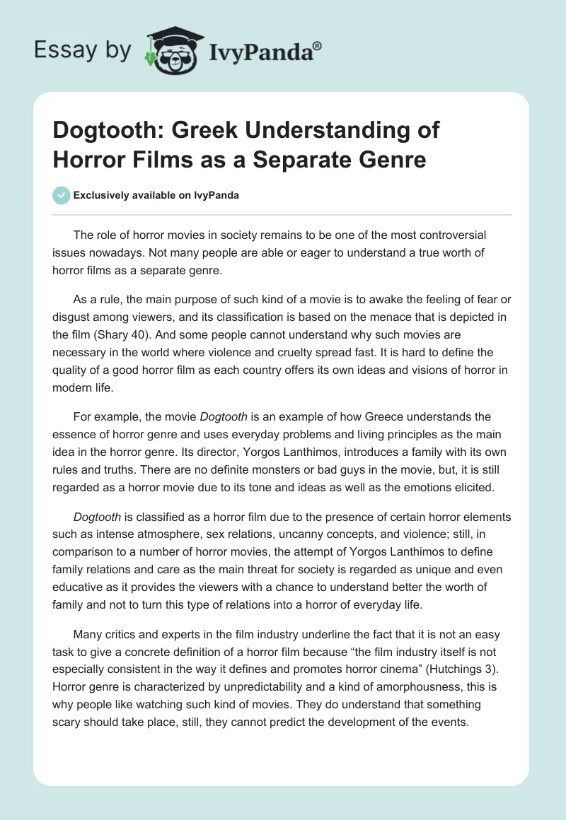 Dogtooth: Greek Understanding of Horror Films as a Separate Genre. Page 1