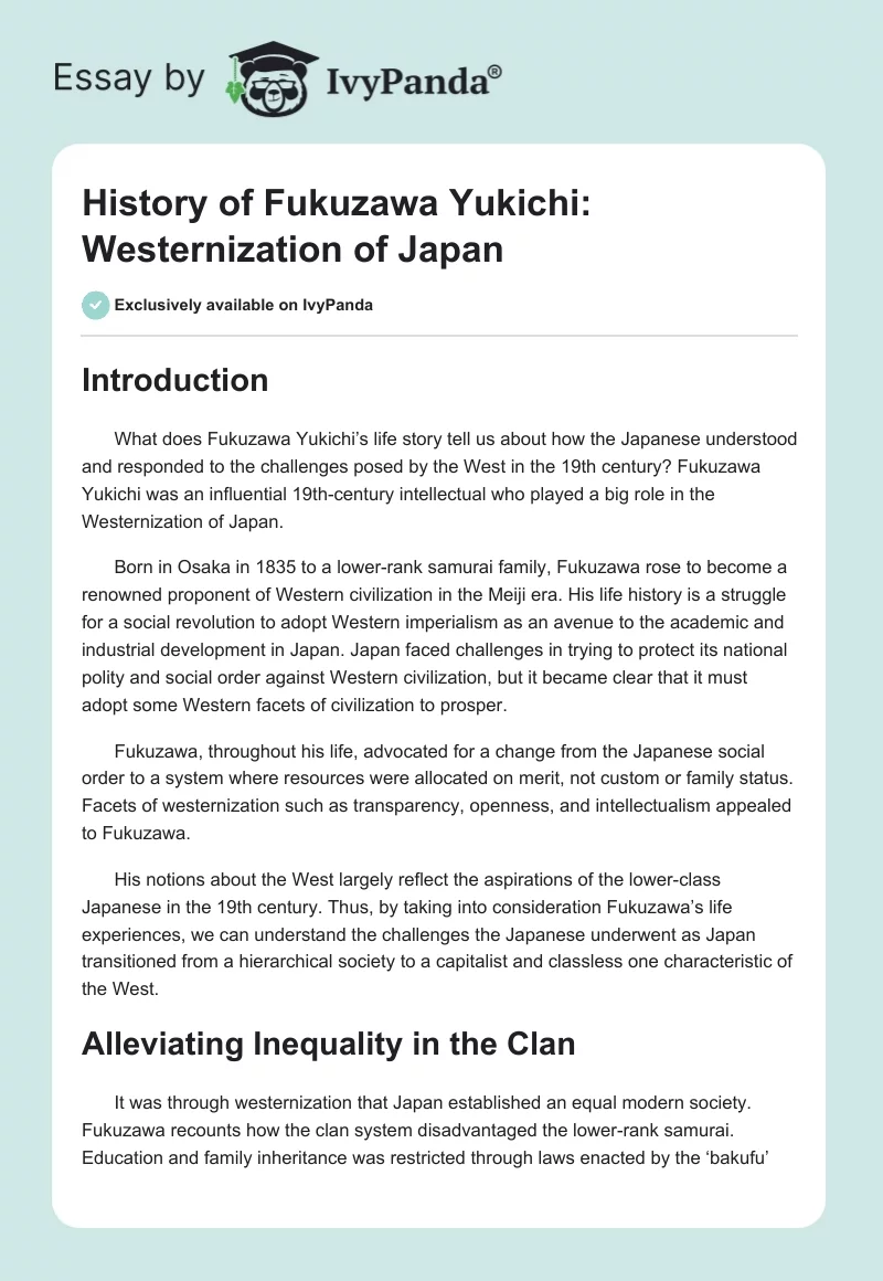 History of Fukuzawa Yukichi: Westernization of Japan. Page 1