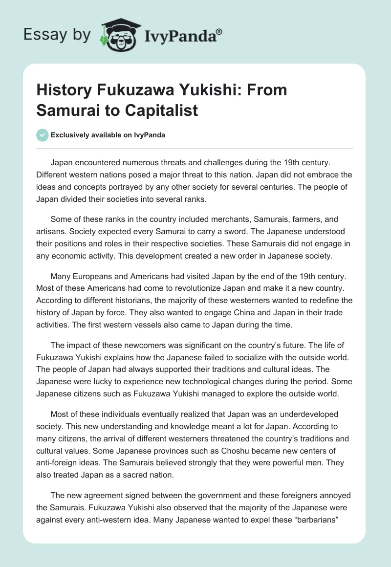 History Fukuzawa Yukishi: From Samurai to Capitalist. Page 1