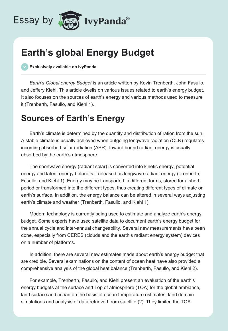 Earth’s Global Energy Budget. Page 1