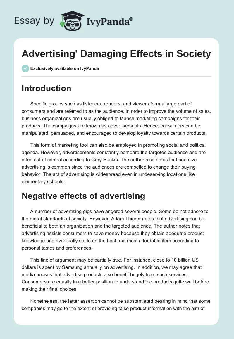 Advertising' Damaging Effects in Society. Page 1