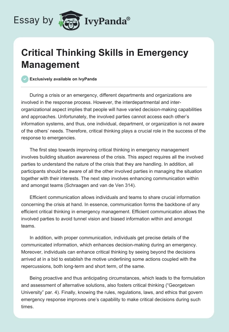Critical Thinking Skills in Emergency Management. Page 1