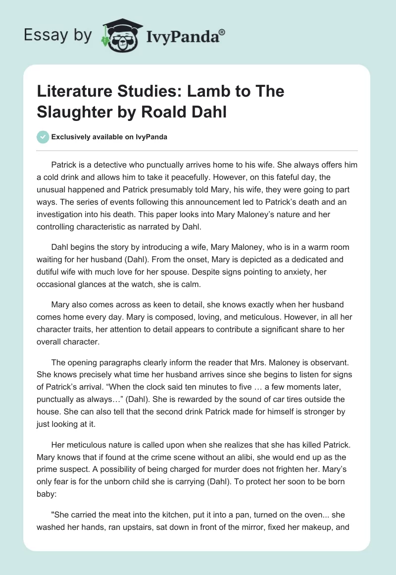 Literature Studies: "Lamb to The Slaughter" by Roald Dahl. Page 1