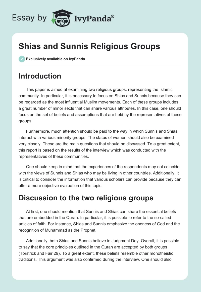 Shias and Sunnis Religious Groups. Page 1