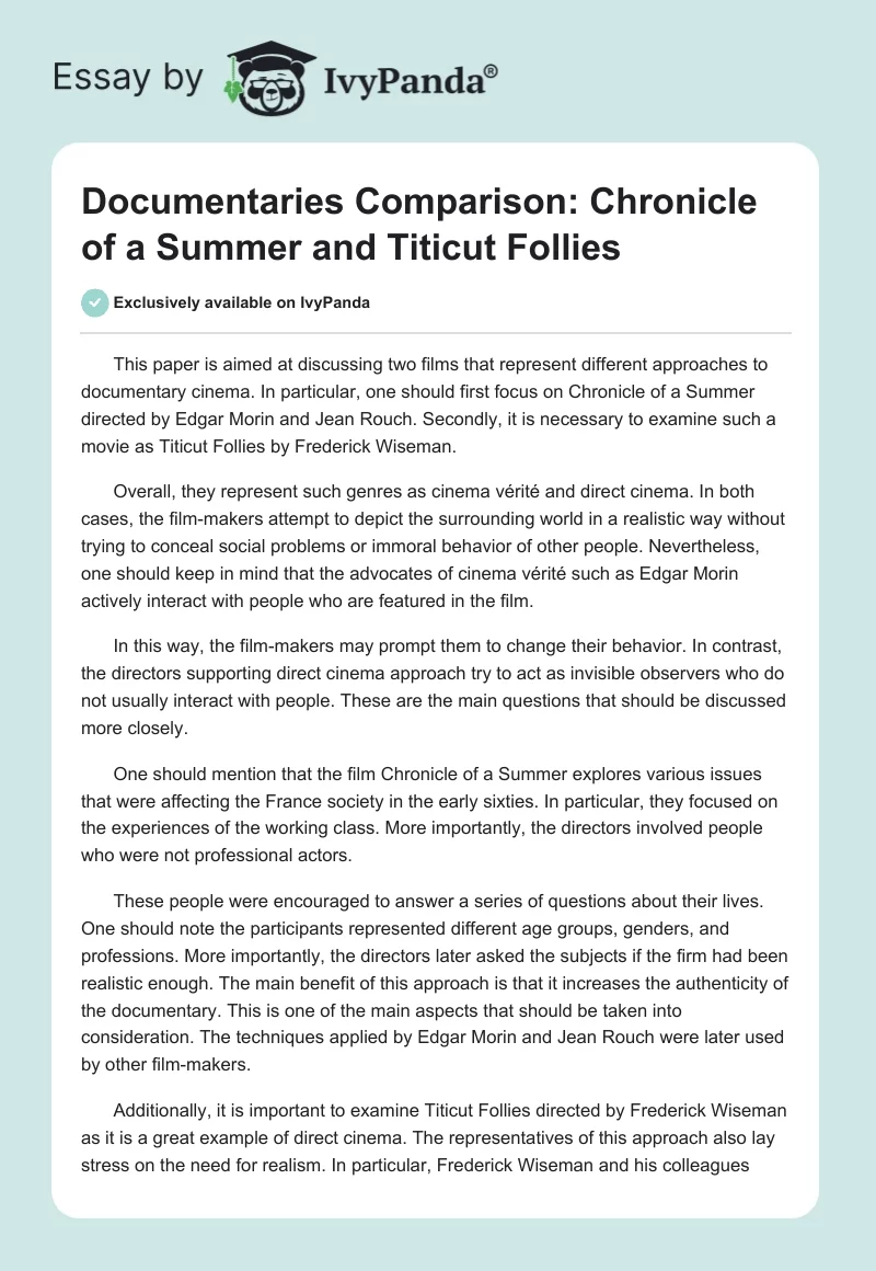 Documentaries Comparison: "Chronicle of a Summer" and "Titicut Follies". Page 1