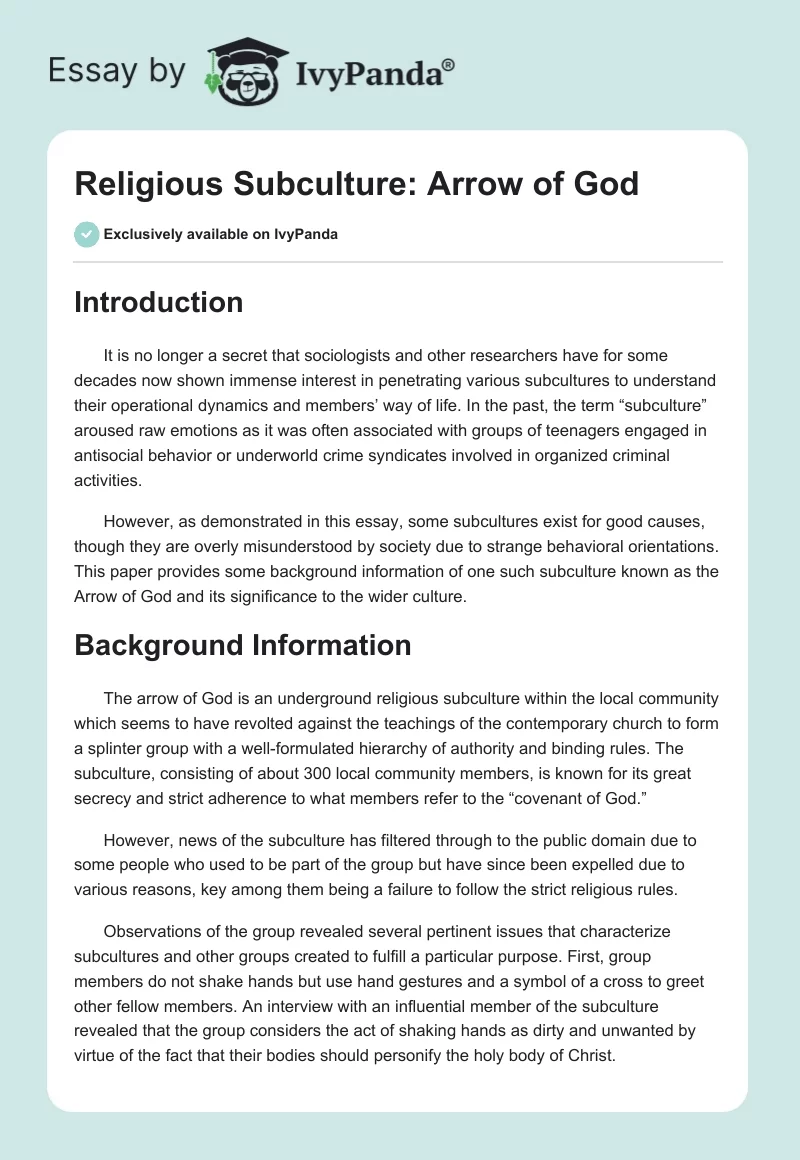 Religious Subculture: Arrow of God. Page 1