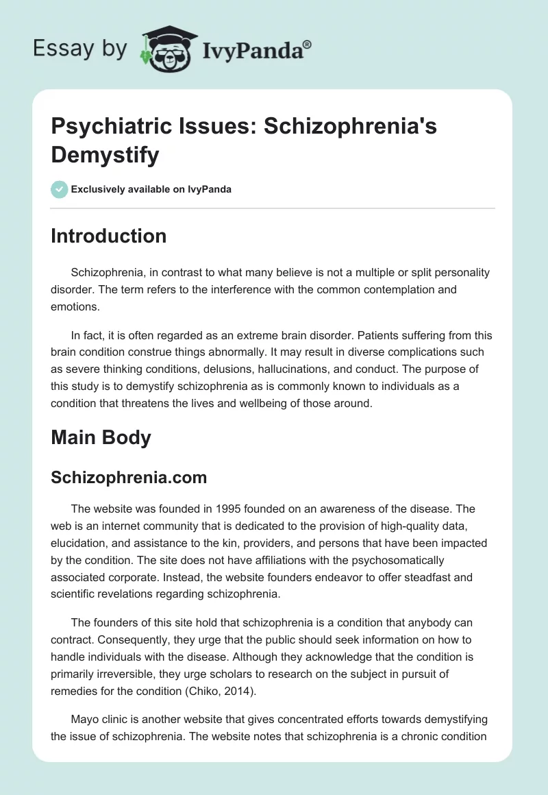 Psychiatric Issues: Schizophrenia's Demystify. Page 1