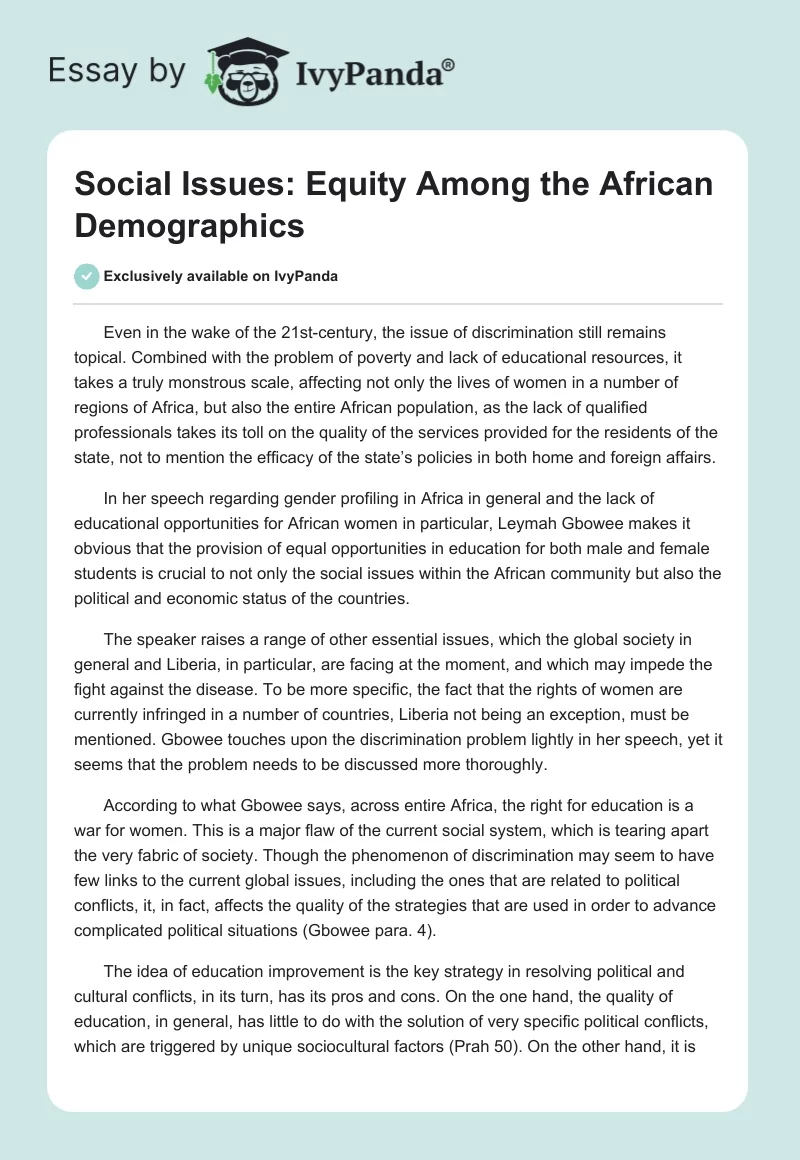Social Issues: Equity Among the African Demographics. Page 1