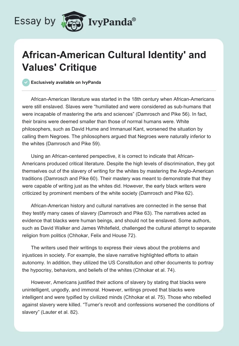 African-American Cultural Identity' and Values' Critique. Page 1
