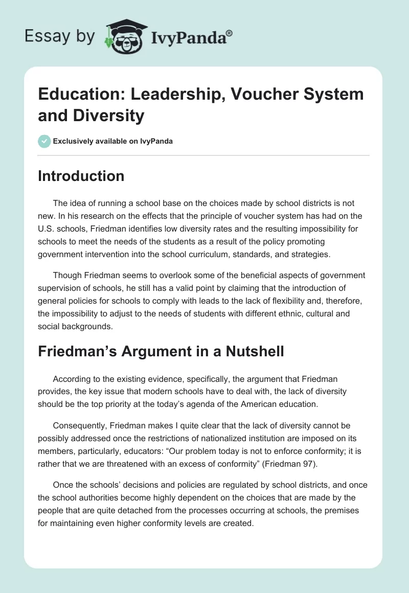 Education: Leadership, Voucher System and Diversity. Page 1