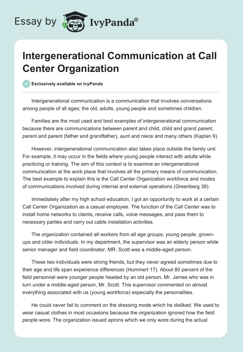 Intergenerational Communication at Call Center Organization. Page 1
