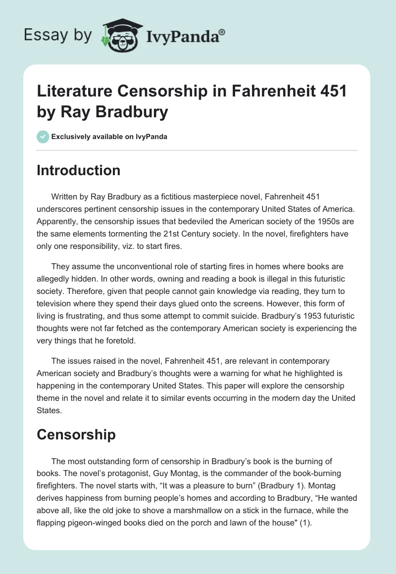 Literature Censorship in Fahrenheit 451 by Ray Bradbury. Page 1