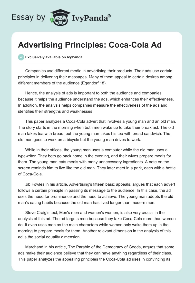 Advertising Principles: Coca-Cola Ad. Page 1