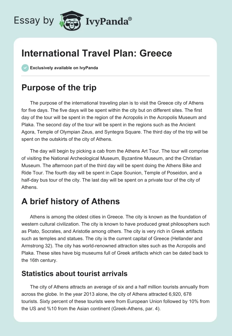 International Travel Plan: Greece. Page 1