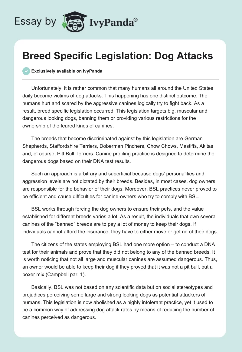 Breed Specific Legislation: Dog Attacks. Page 1