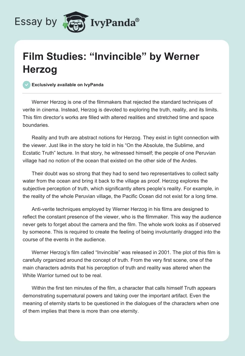 Film Studies: “Invincible” by Werner Herzog. Page 1