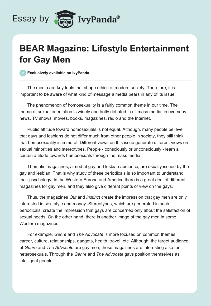 BEAR Magazine: Lifestyle Entertainment for Gay Men. Page 1