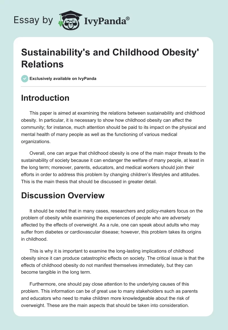 Sustainability's and Childhood Obesity' Relations. Page 1
