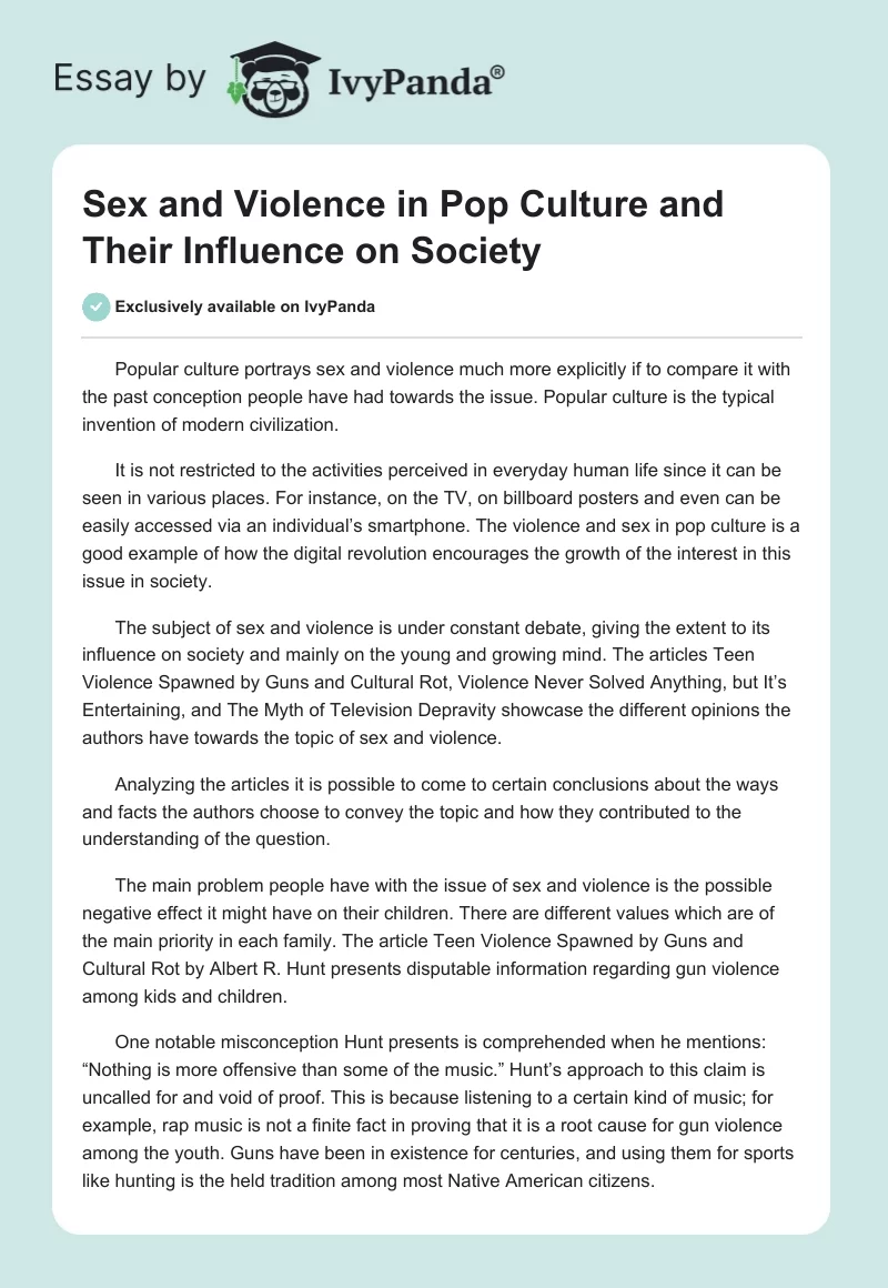 Sex and Violence in Pop Culture and Their Influence on Society. Page 1